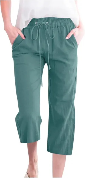 Womens Capri Pants Wide Leg Linen Pants for Women with Pockets Adjustable Shockcord High Waist Casual Lounge