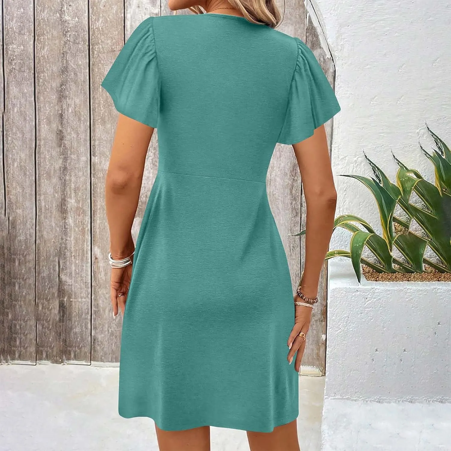 Women's Casual Dresses 2025 Summer Short Sleeve Twist Front Sundress Empire Waist A-Line Ruched Mini Dresses