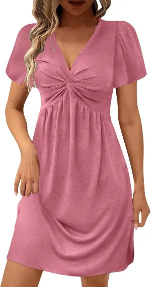 Women's Casual Dresses 2025 Summer Short Sleeve Twist Front Sundress Empire Waist A-Line Ruched Mini Dresses