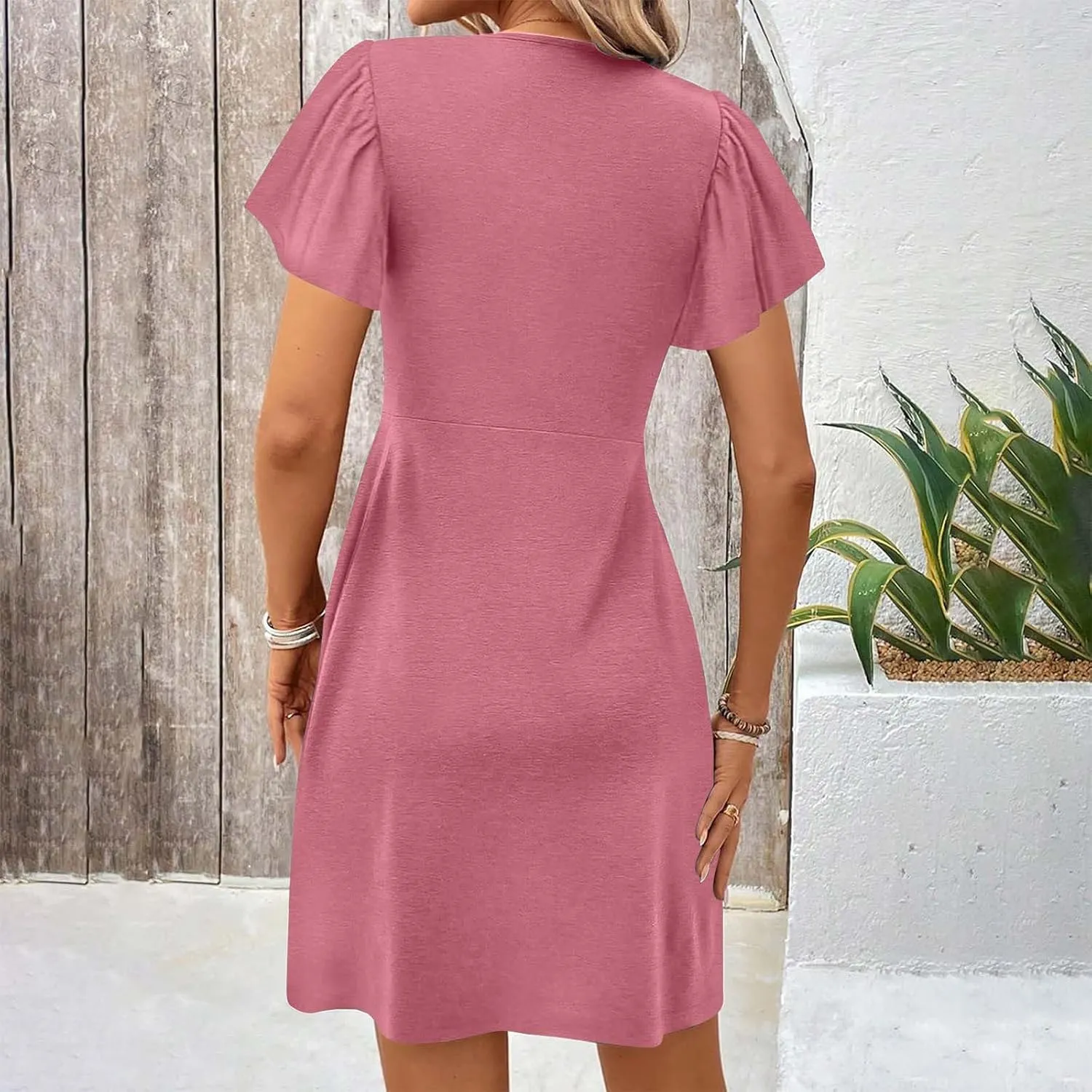 Women's Casual Dresses 2025 Summer Short Sleeve Twist Front Sundress Empire Waist A-Line Ruched Mini Dresses