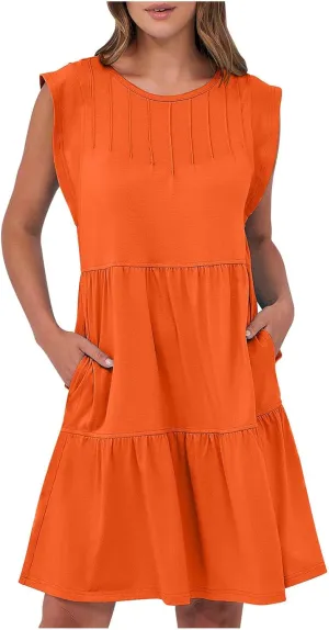 Women's Casual Dresses Summer Tiered Beach Vacation Ruched Sundress A-Line Sleeveless Mini Tank Dress with Pockets