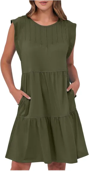 Women's Casual Dresses Summer Tiered Beach Vacation Ruched Sundress A-Line Sleeveless Mini Tank Dress with Pockets