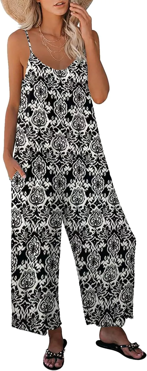 Womens Casual Loose Sleeveless Bohemian Beach Jumpsuits Spaghetti Strap Wide Leg Rompers with Pockets LTK
