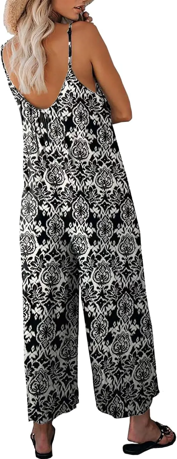 Womens Casual Loose Sleeveless Bohemian Beach Jumpsuits Spaghetti Strap Wide Leg Rompers with Pockets LTK