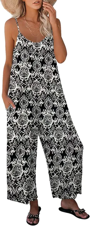 Womens Casual Loose Sleeveless Bohemian Beach Jumpsuits Spaghetti Strap Wide Leg Rompers with Pockets LTK