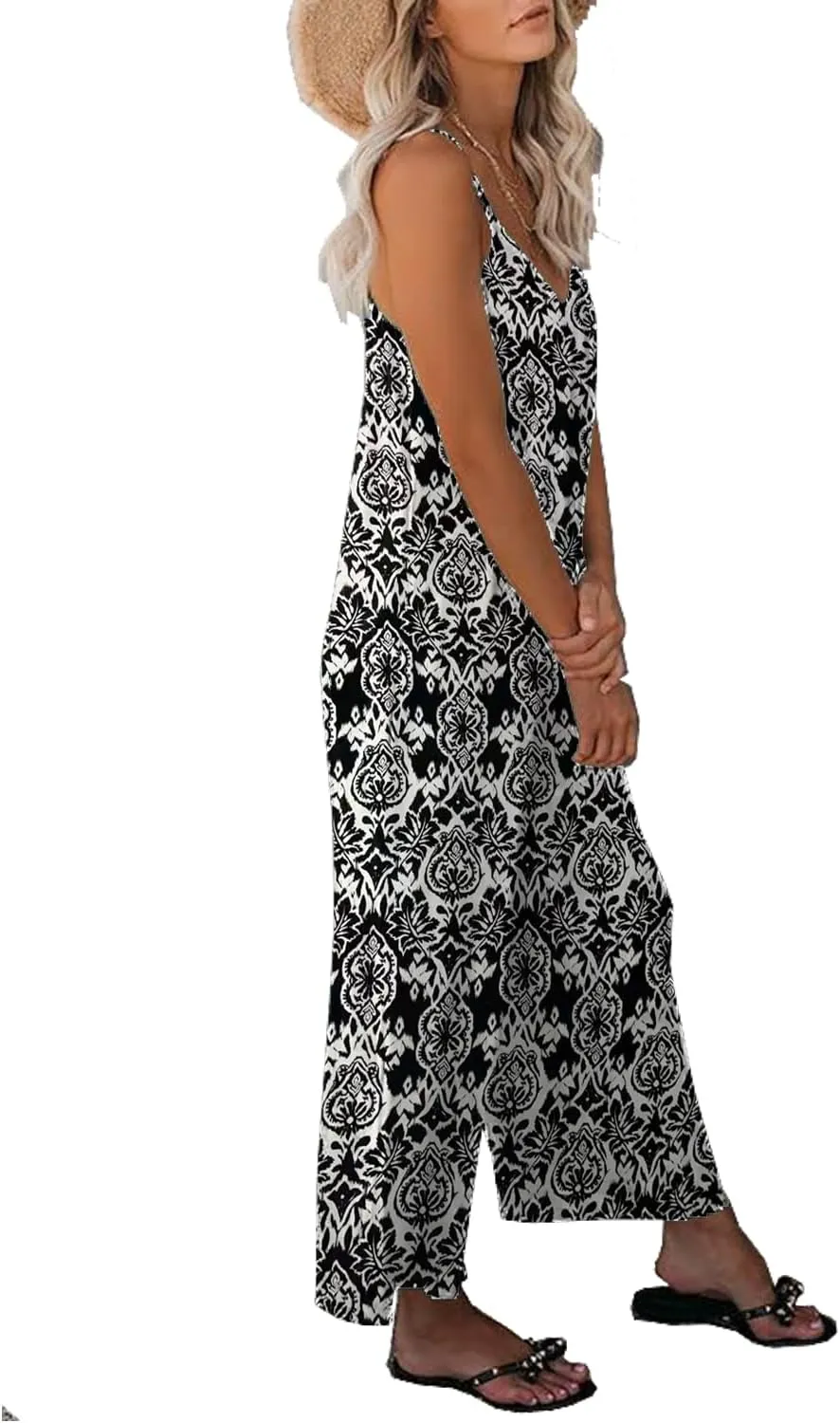 Womens Casual Loose Sleeveless Bohemian Beach Jumpsuits Spaghetti Strap Wide Leg Rompers with Pockets LTK