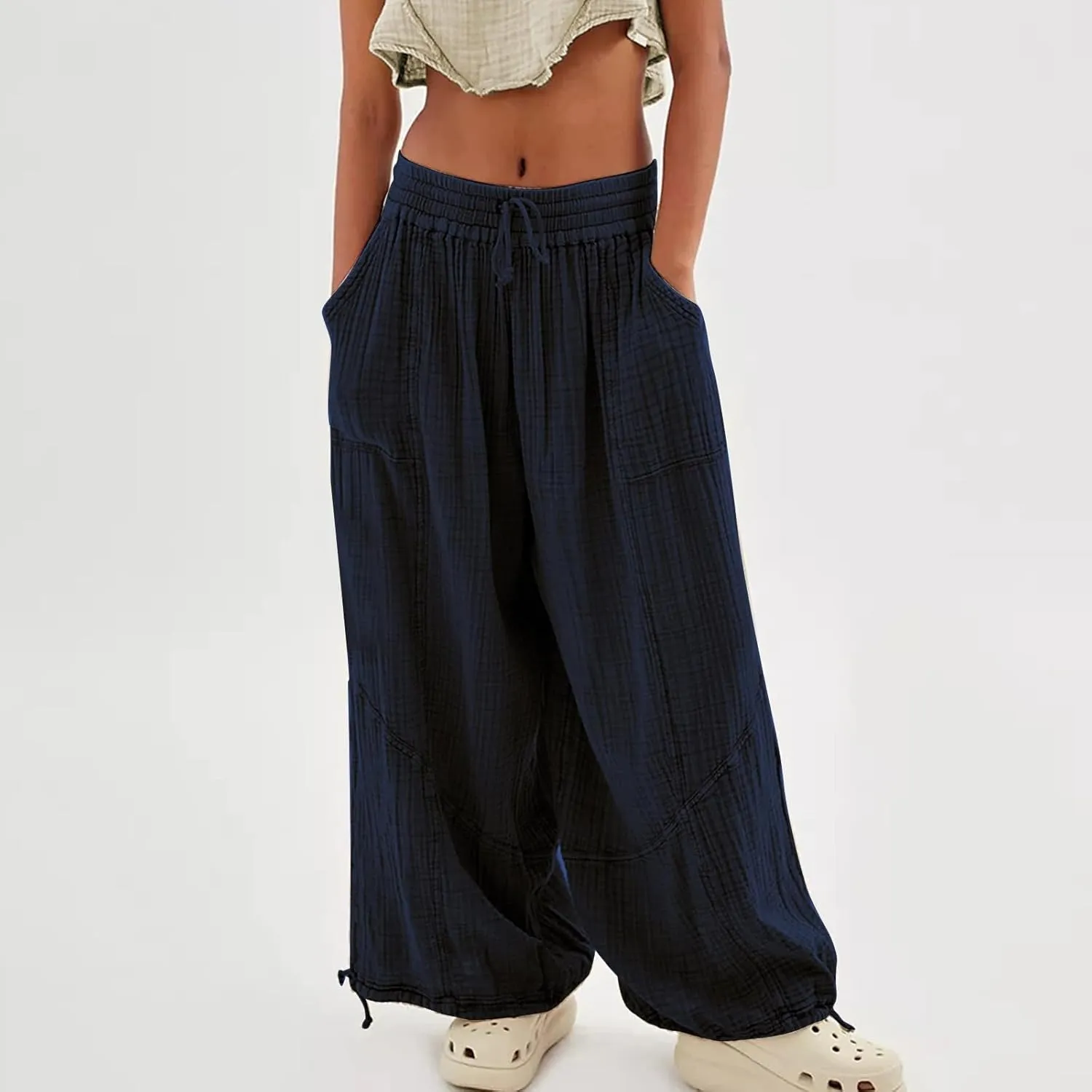 Women's Casual Wide Leg Paperbag Linen Palazzo Pants Summer High Waisted Drawstring Lightweight Boho Hippie Trousers