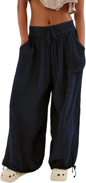 Women's Casual Wide Leg Paperbag Linen Palazzo Pants Summer High Waisted Drawstring Lightweight Boho Hippie Trousers