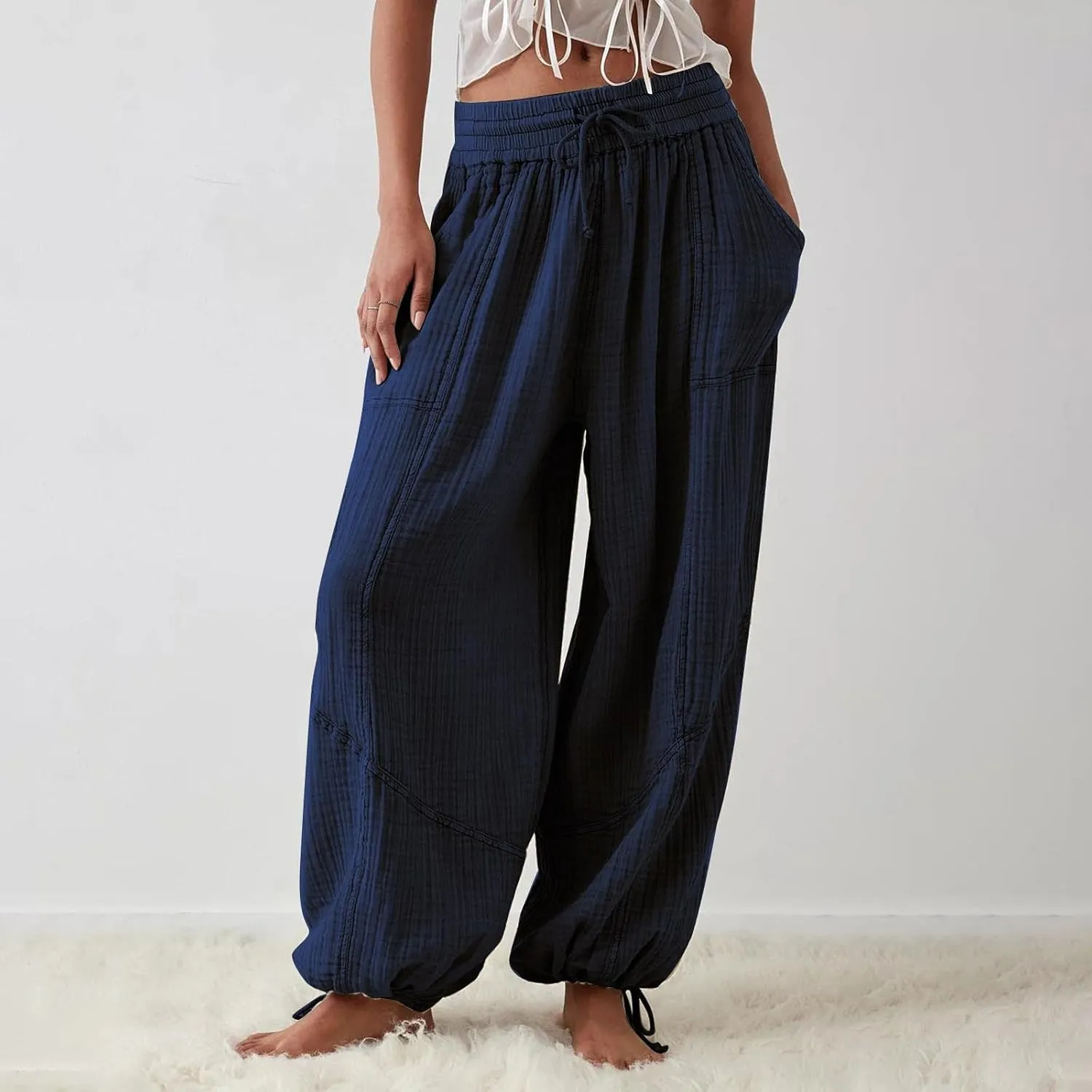 Women's Casual Wide Leg Paperbag Linen Palazzo Pants Summer High Waisted Drawstring Lightweight Boho Hippie Trousers