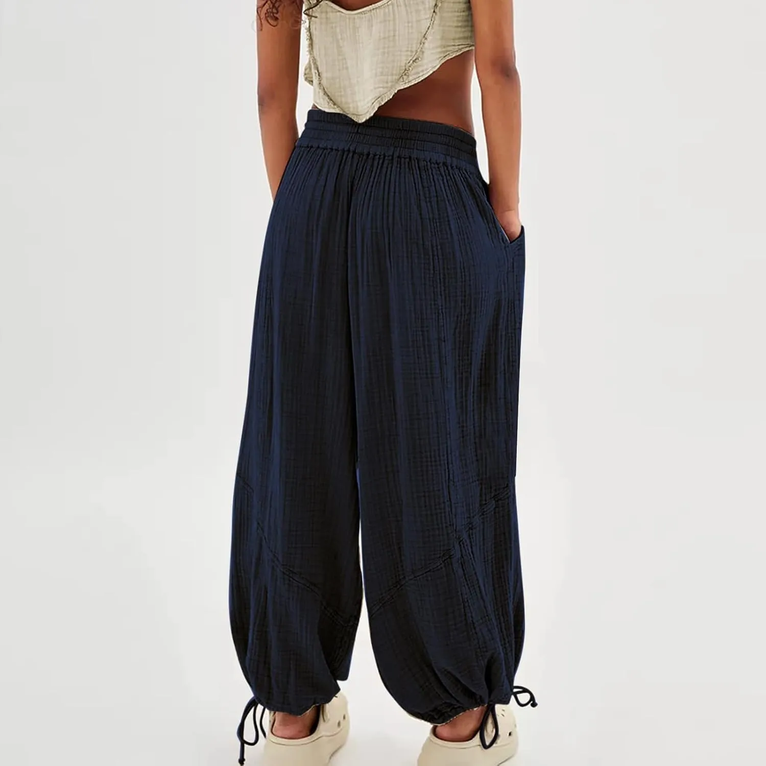 Women's Casual Wide Leg Paperbag Linen Palazzo Pants Summer High Waisted Drawstring Lightweight Boho Hippie Trousers