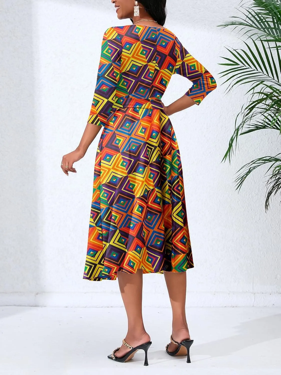 Women's Caual Midi Dress 3/4 Sleeve Crewneck A-line Swing Dress for Women with Belt for Wedding Guest & Cocktail Party