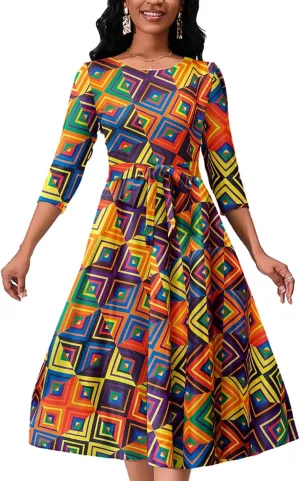 Women's Caual Midi Dress 3/4 Sleeve Crewneck A-line Swing Dress for Women with Belt for Wedding Guest & Cocktail Party