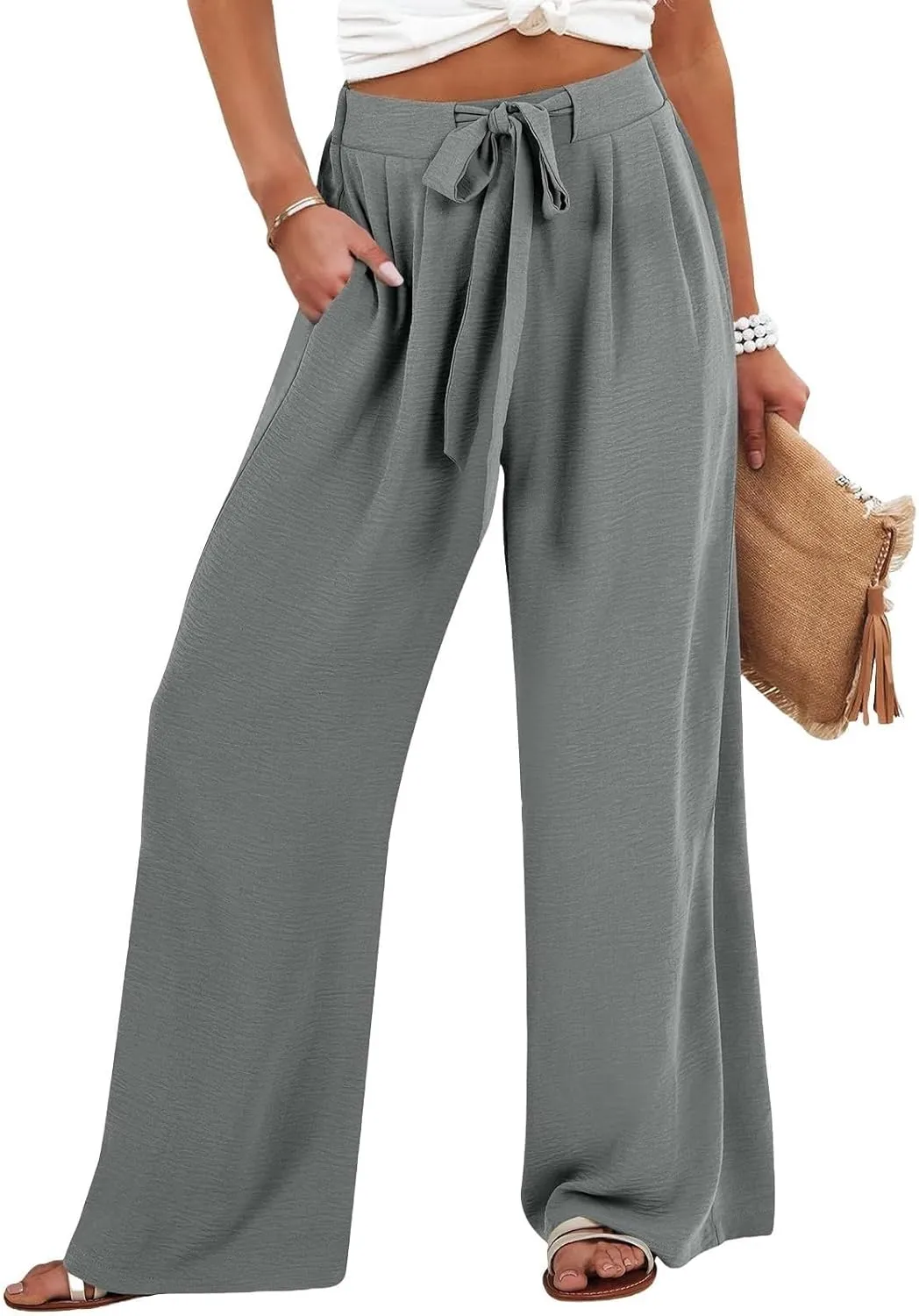 Womens Cotton Linen Pant Palazzo Pants High Waist Wide Leg 2025 Beach Travel Vacation Trousers with Pocket