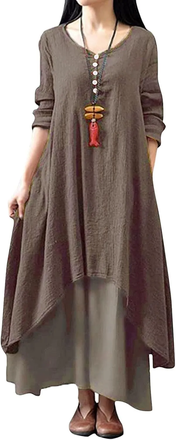Women's Cotton Linen Plus Size Dresses Button Down Tiered Flowy Long Sleeve Dress Loose Casual Maxi Dresses Fall 2024
