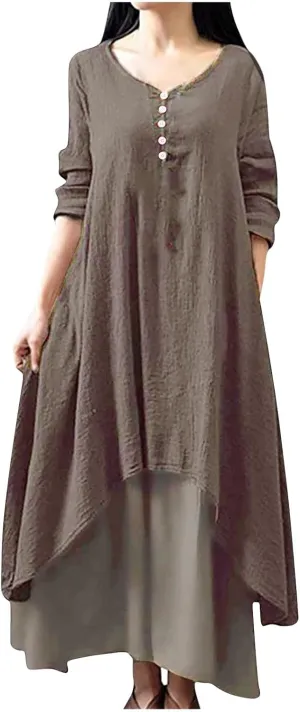 Women's Cotton Linen Plus Size Dresses Button Down Tiered Flowy Long Sleeve Dress Loose Casual Maxi Dresses Fall 2024