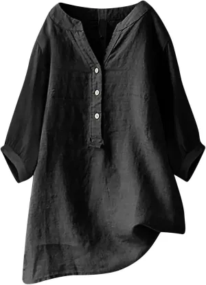 Womens Cotton Linen Shirts Solid 3/4 Sleeve Tunic Tops Oversized Tshirts Casual V Neck Dressy Blouses