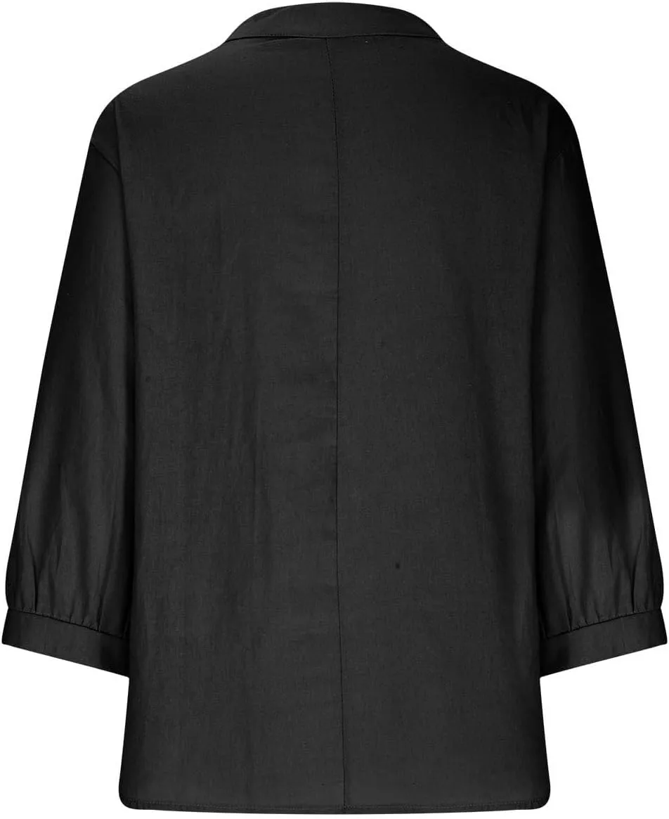 Womens Cotton Linen Shirts Solid 3/4 Sleeve Tunic Tops Oversized Tshirts Casual V Neck Dressy Blouses