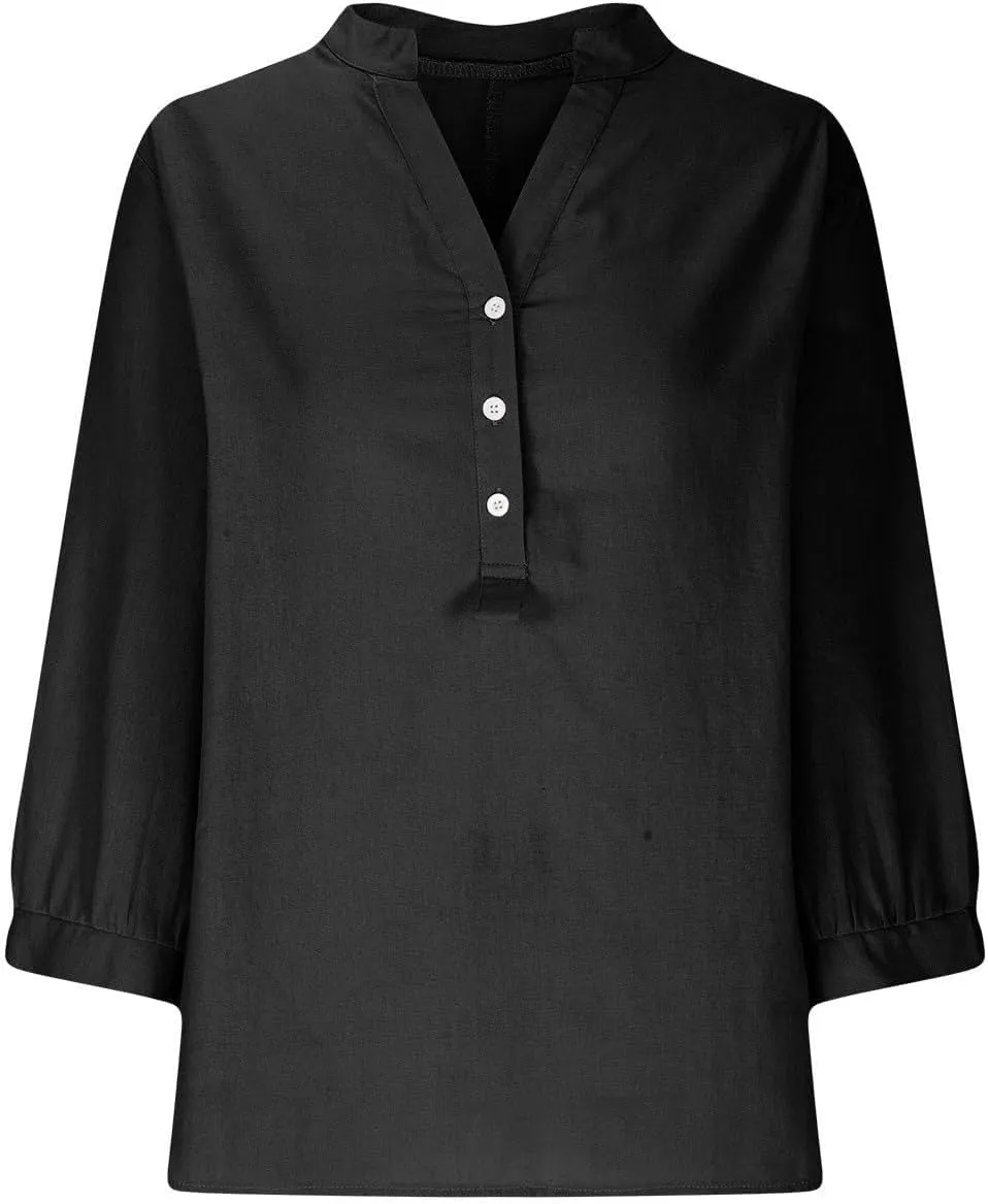 Womens Cotton Linen Shirts Solid 3/4 Sleeve Tunic Tops Oversized Tshirts Casual V Neck Dressy Blouses