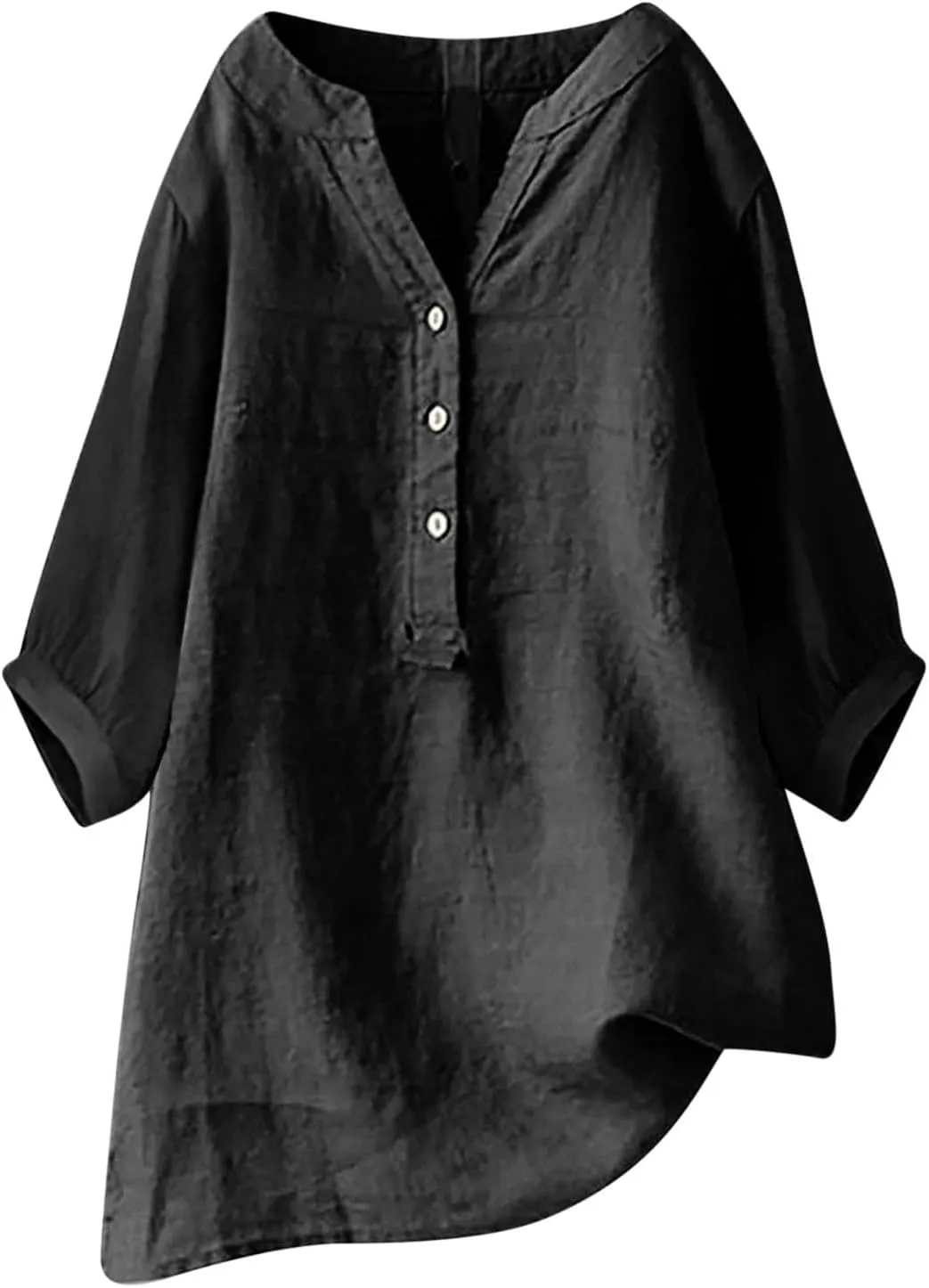 Womens Cotton Linen Shirts Solid 3/4 Sleeve Tunic Tops Oversized Tshirts Casual V Neck Dressy Blouses