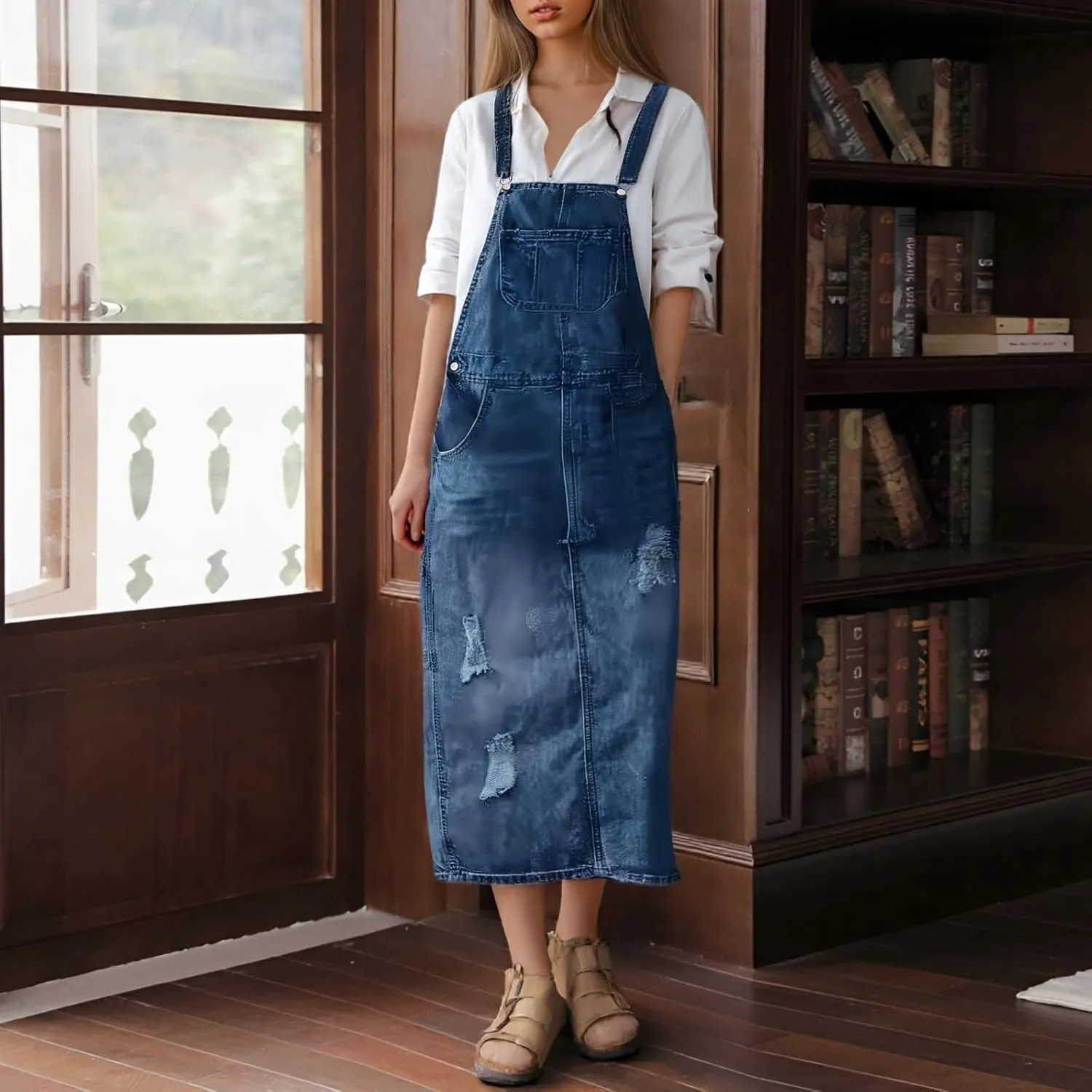 Women's Denim Overall Dress Adjustable Strap Distressed A Line Pinafore Jean Dress with Split Loose Fit Summer Trendy