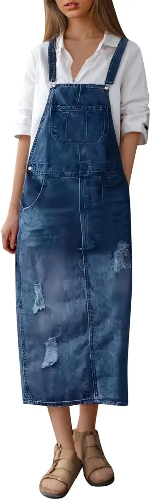Women's Denim Overall Dress Adjustable Strap Distressed A Line Pinafore Jean Dress with Split Loose Fit Summer Trendy