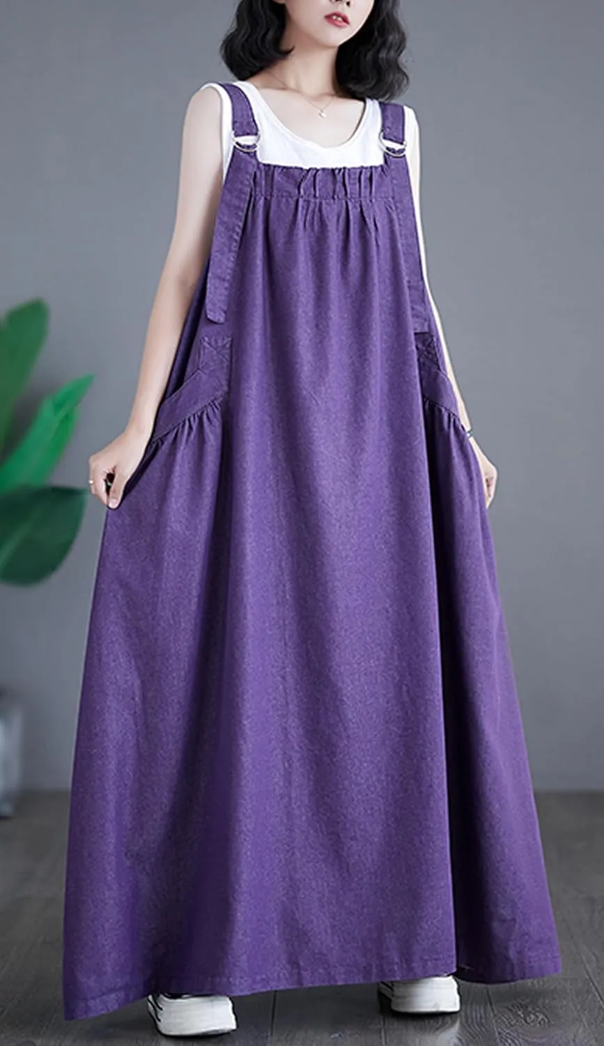 Women's Denim Pullover Casual Loose Sleeveless Adjustable Strap Denim Dress with Pockets and Wide Hem