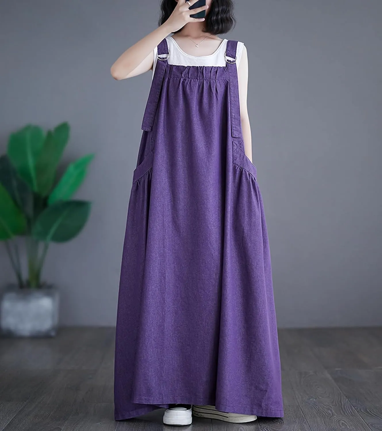 Women's Denim Pullover Casual Loose Sleeveless Adjustable Strap Denim Dress with Pockets and Wide Hem
