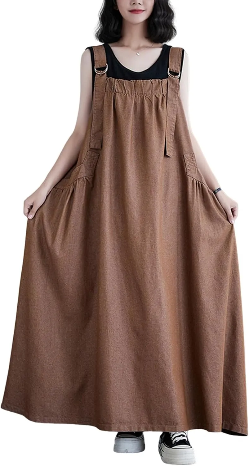 Women's Denim Pullover Casual Loose Sleeveless Adjustable Strap Denim Dress with Pockets and Wide Hem