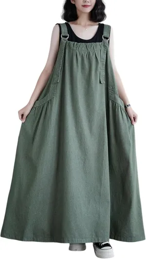 Women's Denim Pullover Casual Loose Sleeveless Adjustable Strap Denim Dress with Pockets and Wide Hem