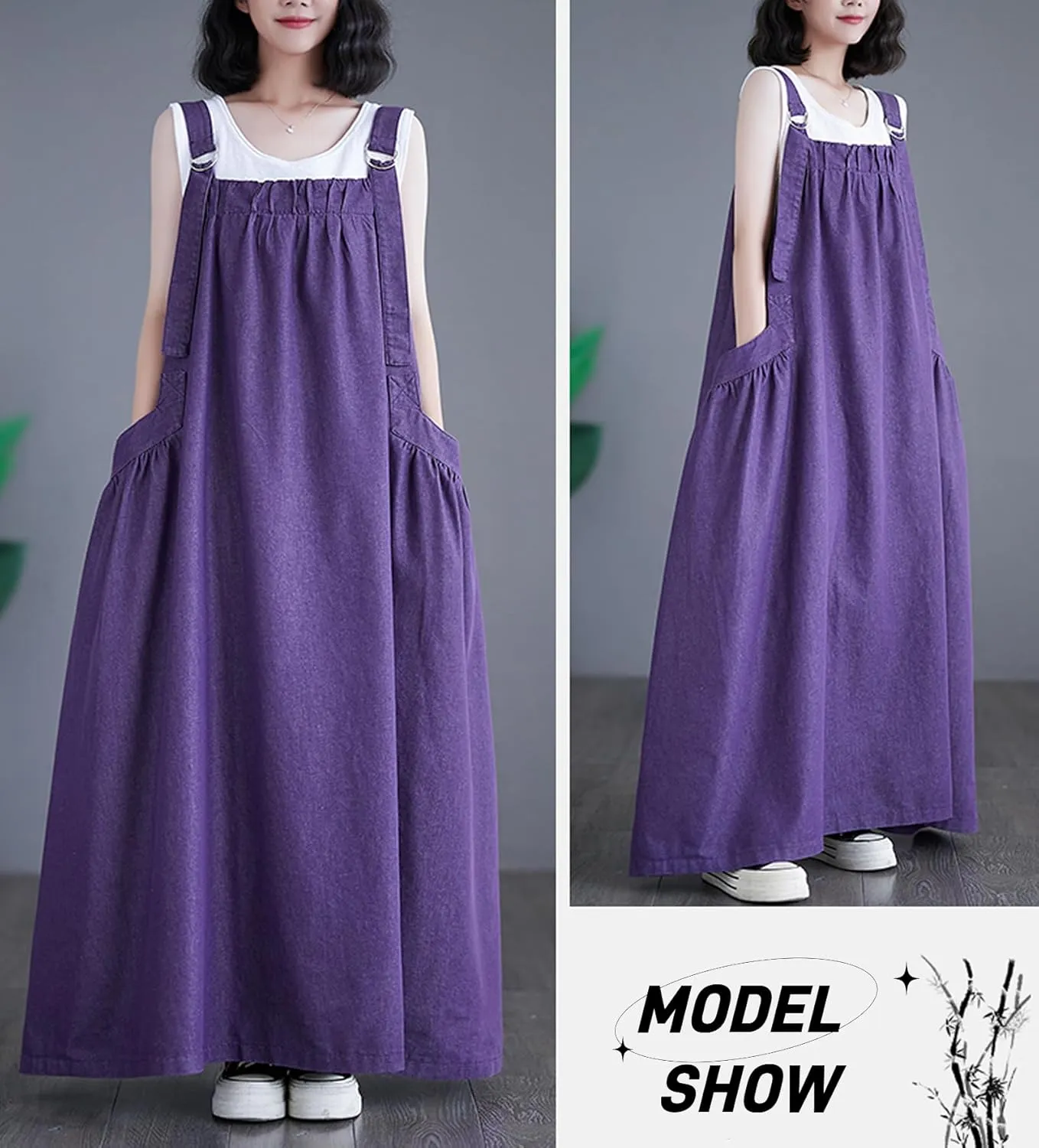 Women's Denim Pullover Casual Loose Sleeveless Adjustable Strap Denim Dress with Pockets and Wide Hem
