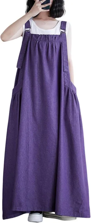 Women's Denim Pullover Casual Loose Sleeveless Adjustable Strap Denim Dress with Pockets and Wide Hem
