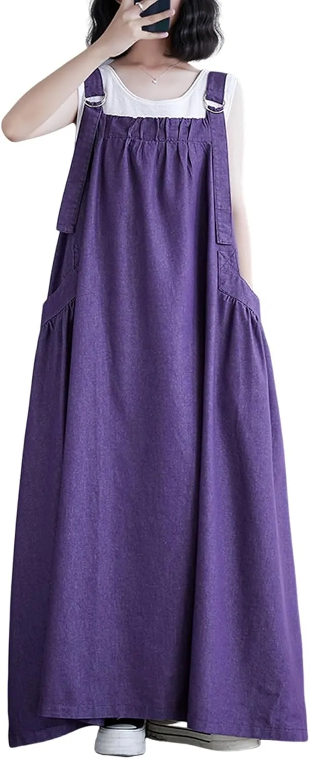 Women's Denim Pullover Casual Loose Sleeveless Adjustable Strap Denim Dress with Pockets and Wide Hem