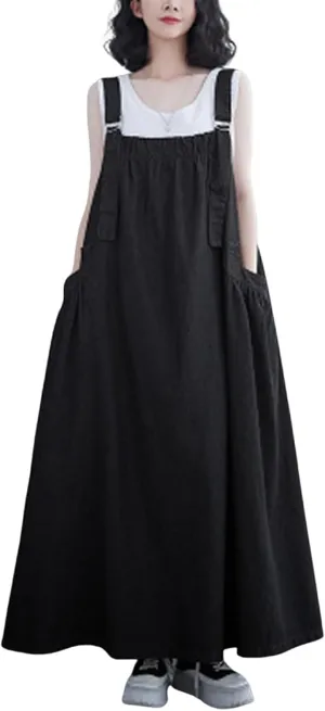 Women's Denim Pullover Casual Loose Sleeveless Adjustable Strap Denim Dress with Pockets and Wide Hem