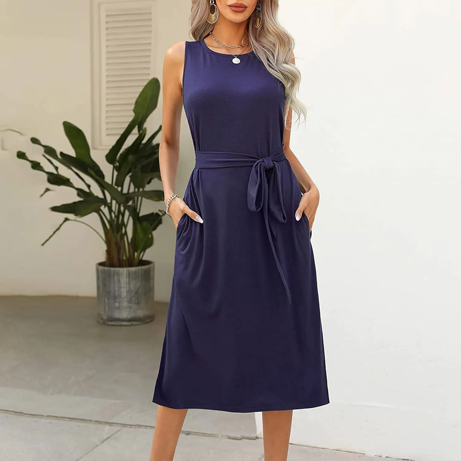 Womens Dress Sleeveless Round Neck Backless Midi Skirt Casual Pleated Belt with Pockets Dresses Working Vacation