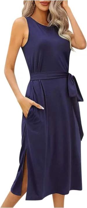 Womens Dress Sleeveless Round Neck Backless Midi Skirt Casual Pleated Belt with Pockets Dresses Working Vacation