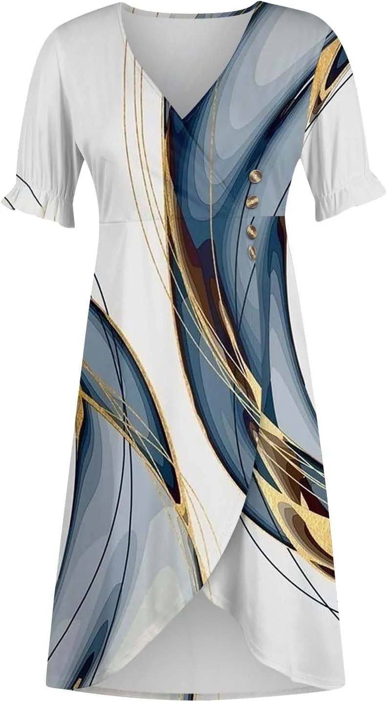 Women's Elegant Floral Print Midi Beach Dress with Short Sleeves and Button Detail Perfect for Summer Outings