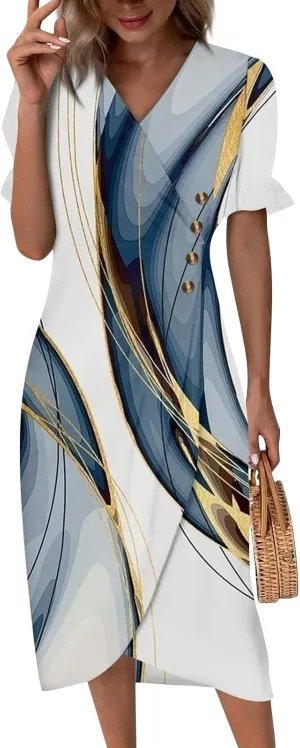Women's Elegant Floral Print Midi Beach Dress with Short Sleeves and Button Detail Perfect for Summer Outings