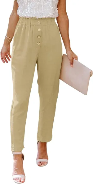 Women's Exposed Button High Waisted Solid Casual Pants Cotton Linen Lightweight Slim Fit Straight Leg Paperbag Trousers