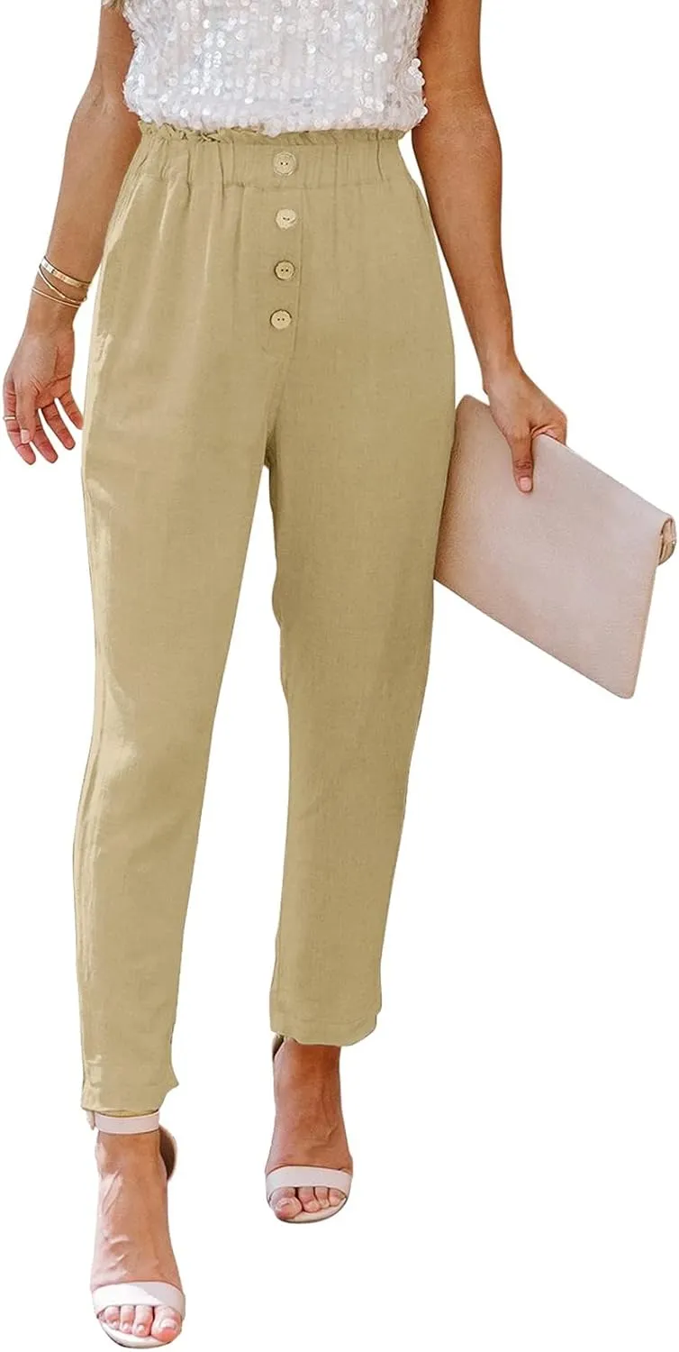 Women's Exposed Button High Waisted Solid Casual Pants Cotton Linen Lightweight Slim Fit Straight Leg Paperbag Trousers