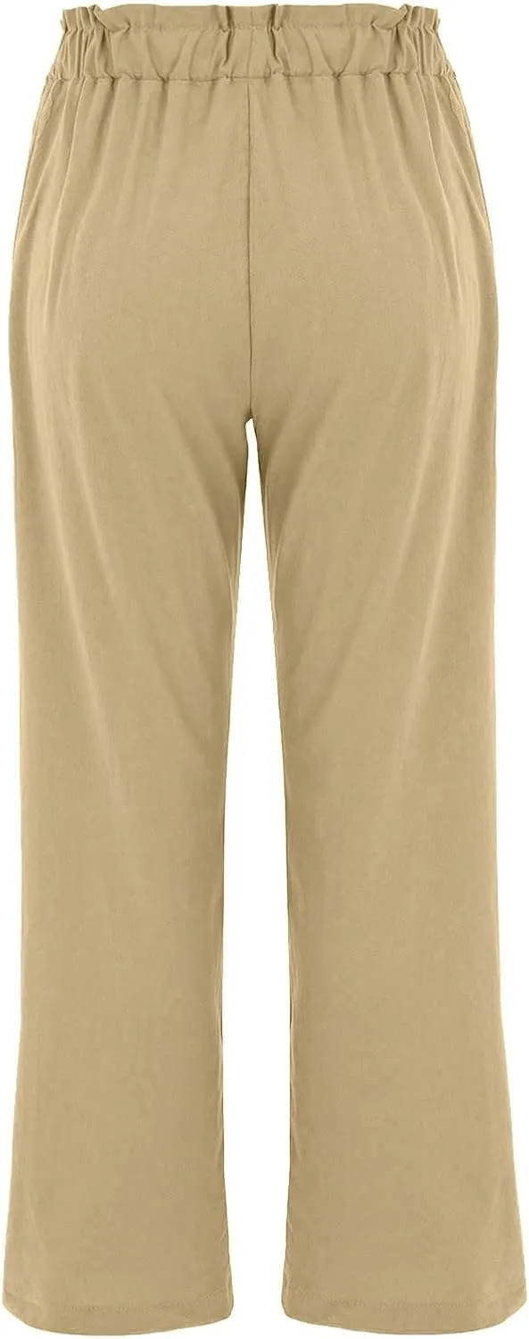 Women's Exposed Button High Waisted Solid Casual Pants Cotton Linen Lightweight Slim Fit Straight Leg Paperbag Trousers