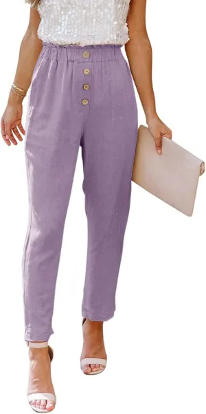 Women's Exposed Button High Waisted Solid Casual Pants Cotton Linen Lightweight Slim Fit Straight Leg Paperbag Trousers