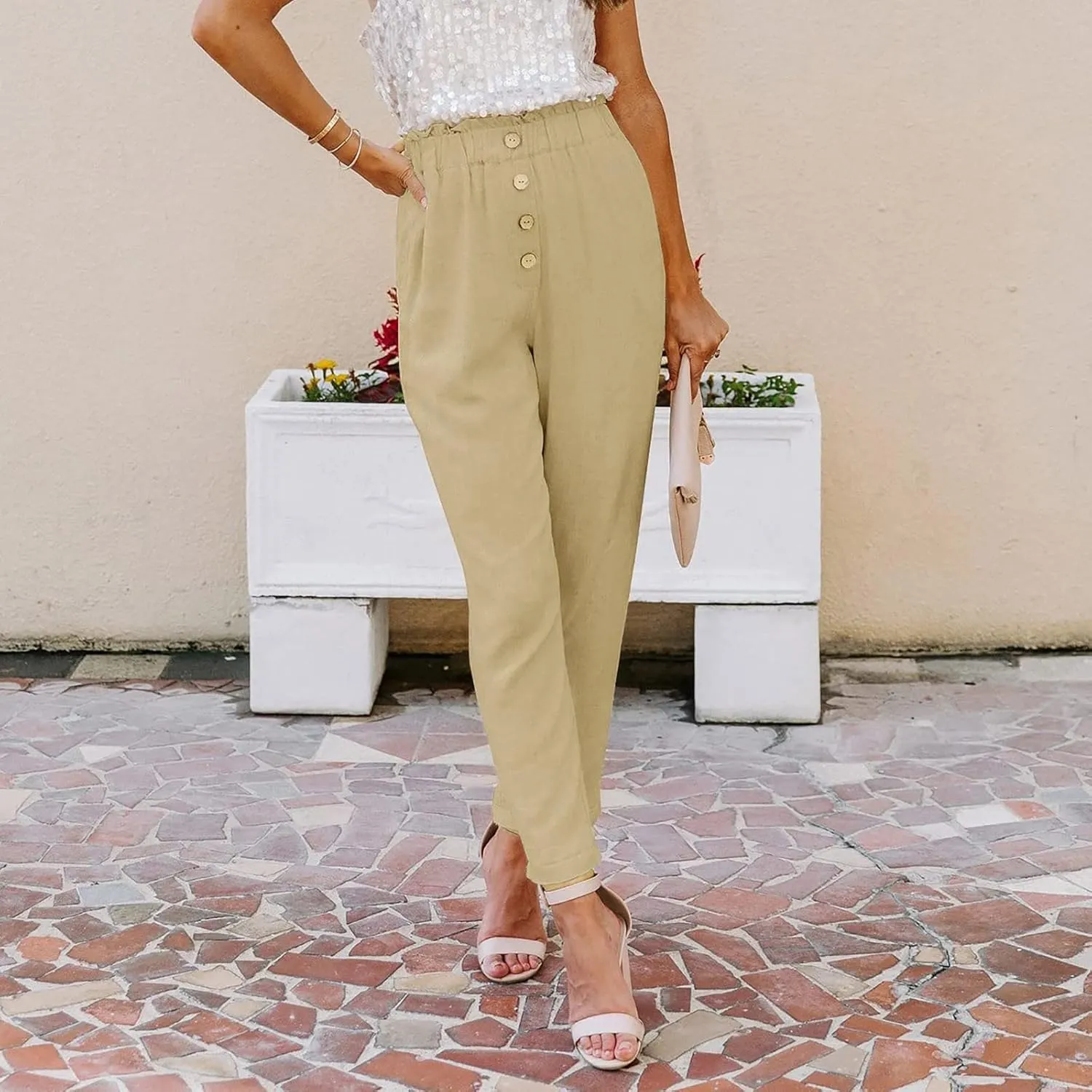 Women's Exposed Button High Waisted Solid Casual Pants Cotton Linen Lightweight Slim Fit Straight Leg Paperbag Trousers