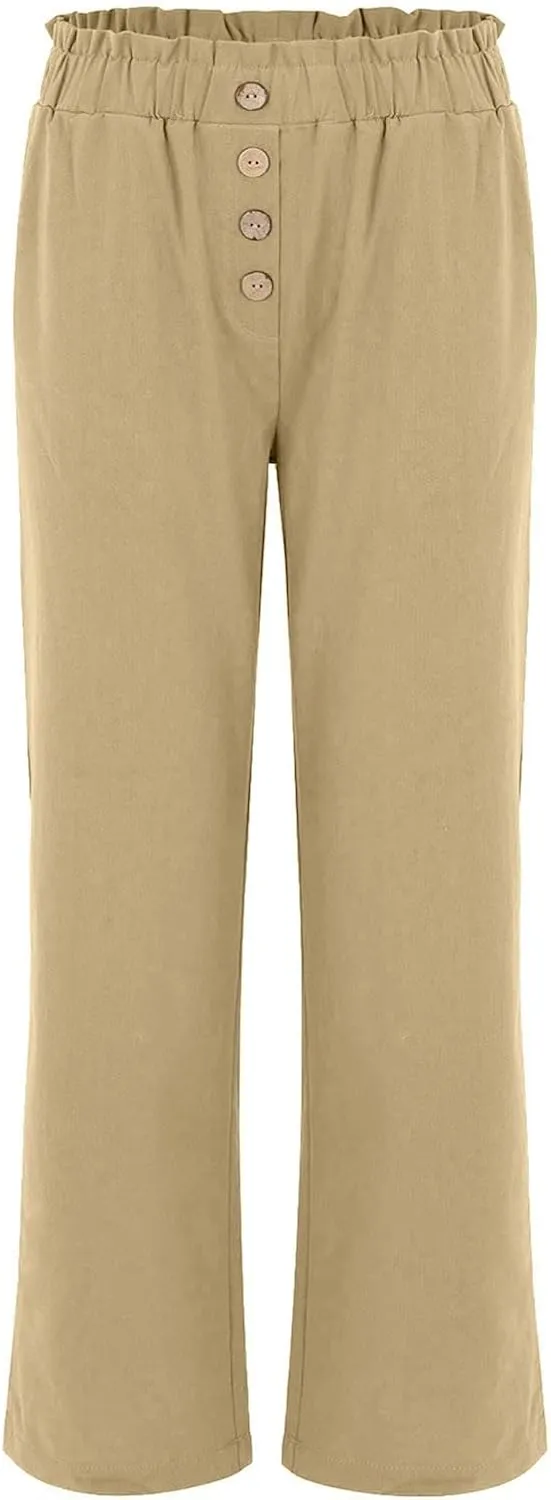 Women's Exposed Button High Waisted Solid Casual Pants Cotton Linen Lightweight Slim Fit Straight Leg Paperbag Trousers