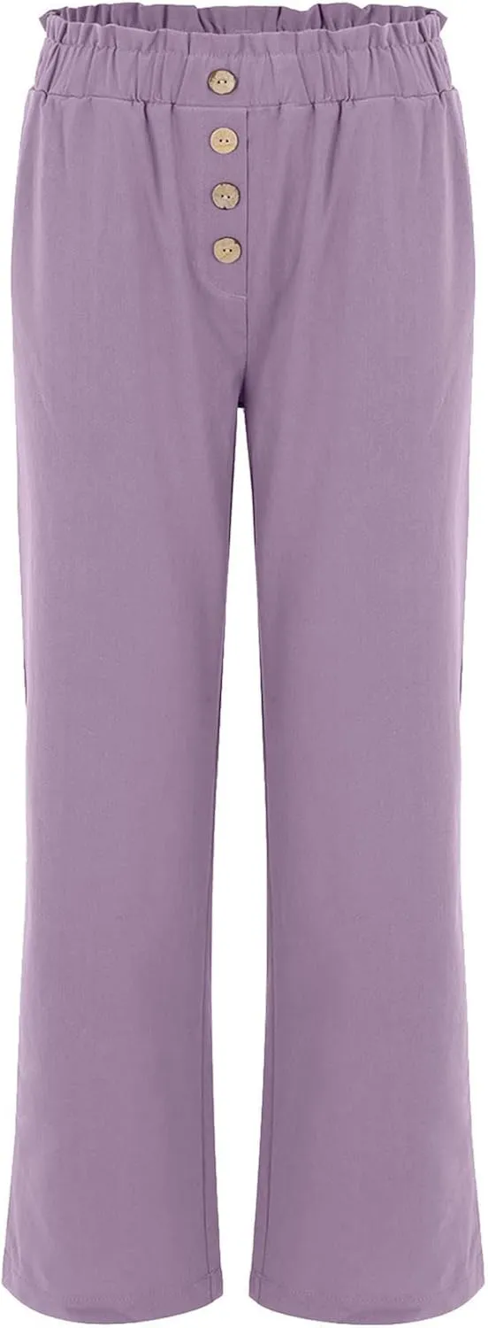 Women's Exposed Button High Waisted Solid Casual Pants Cotton Linen Lightweight Slim Fit Straight Leg Paperbag Trousers