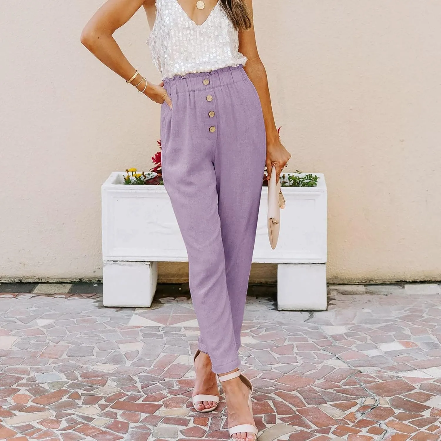 Women's Exposed Button High Waisted Solid Casual Pants Cotton Linen Lightweight Slim Fit Straight Leg Paperbag Trousers