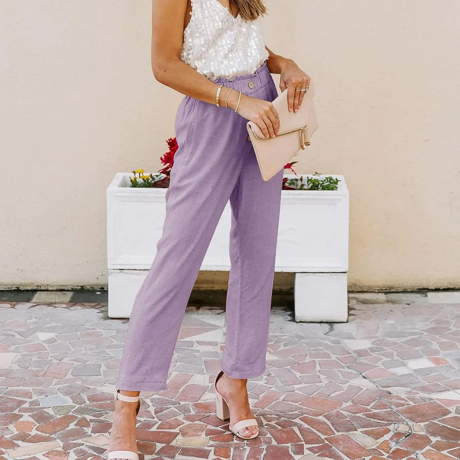 Women's Exposed Button High Waisted Solid Casual Pants Cotton Linen Lightweight Slim Fit Straight Leg Paperbag Trousers