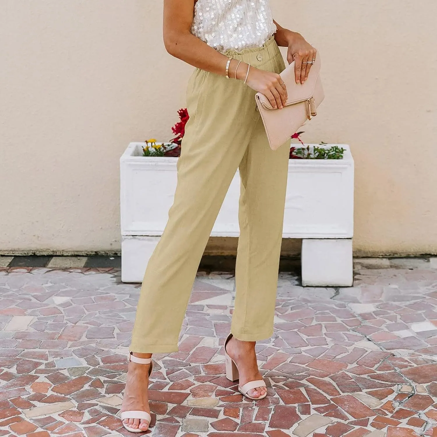 Women's Exposed Button High Waisted Solid Casual Pants Cotton Linen Lightweight Slim Fit Straight Leg Paperbag Trousers