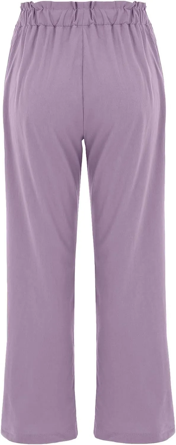 Women's Exposed Button High Waisted Solid Casual Pants Cotton Linen Lightweight Slim Fit Straight Leg Paperbag Trousers