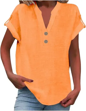 Women's Fashion Short Sleeve Linen Tops Notched V Neck Button Down Tunic Blouses Summer Casual Business Casual Tops