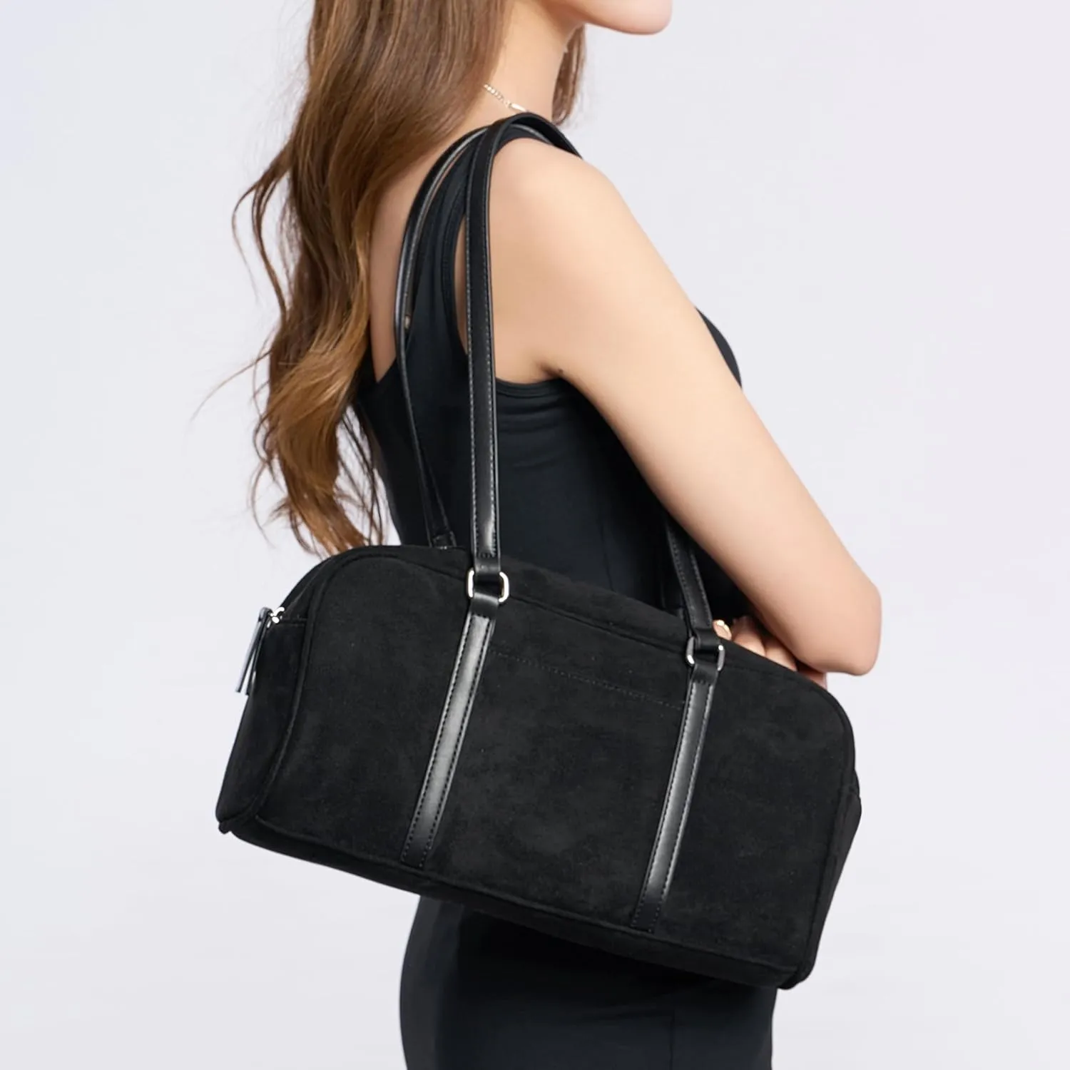 Women's Faux Suede Boston Bowler East West Le Teckel Satchel Swing Shoulder Bag